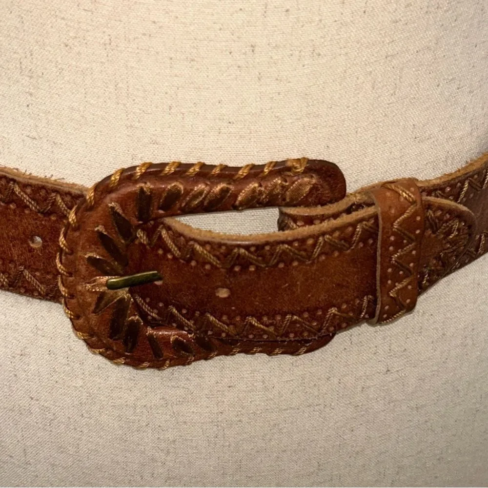 Another Line Tooled Leather Buckle Statement Belt